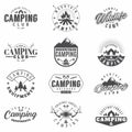 Camping Set 12 badges Monochrome. Collection of outdoor camping icons