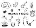 Camping set collection of black and white hand drawn elements. Isolated on white background