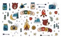 Camping set. Collection of hand drawn colored elements of camping, outdoor recreation and forest animals. Cartoon vector