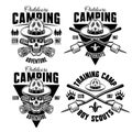 Camping set of four monochrome vector emblems, badges, labels or logos in vintage style with boy scout skull in hat Royalty Free Stock Photo