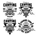 Camping set of four monochrome vector emblems, badges, labels or logos in vintage style with man in boy scout hat Royalty Free Stock Photo