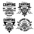 Camping set of four monochrome vector emblems, badges, labels or logos in vintage style with man in boy scout hat Royalty Free Stock Photo