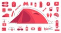 Camping set. Mountain hike equipment kit. Tourism travel adventure. Trekking outfit. Hiking tent. Flat vector red colour Royalty Free Stock Photo