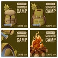 Camping set with text welcome to summer camp. Square vector illustration with hiking equipment, backpack, flashlight