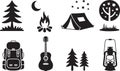 Camping set vector illustration with guitar, campfire, backpack, pine tree and lantern Royalty Free Stock Photo