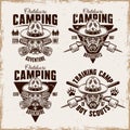 Camping set of vector vintage emblems, badges, labels or logos with man in boy scout hat, flashlights and marshmallow on Royalty Free Stock Photo