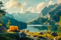 Camping on the shore of a lake in the mountains Royalty Free Stock Photo