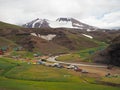camping side in colourfull rhyoliet Kerlingarfjoll volcanic mountains in geothermal area iceland with river valley