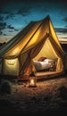 Camping site with a large yellow tent at late dawn visualizing a glamping experience with a nice bed inside the tent and a small