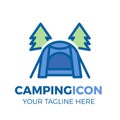 Camping site with modern tent and pine trees icon. Vector thin filled outline logo illustration for outdoor activities