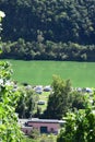 Camping site Pommern at the Mosel seen through the vineyards