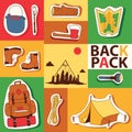 Camping stickers survival exploration tourism and hiking illustration. Tent backpack map flashlight ax boots rope