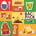Camping stickers survival exploration tourism and hiking vector illustration. Tent backpack map flashlight ax boots rope