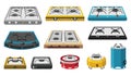 Camping stove cartoon icon set. Cartoon gas camp burners, portable indoor cookers, outdoor furnaces for picnic cooking