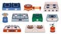 Camping stove. Expedition heating device, cooking in nature, portable outdoor burners, propane fuel, furnaces for picnic