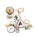 Camping, summer outdoor recreation place. Hot air balloon, tipi, tent and bicycle watercolor illustration. summer sunny