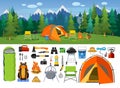 Camping supplies, tools and equipment banners set