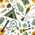 camping, survival in the forest, seamless pattern. tent, guitar, compass, knife, gasoline, fire, canned food, axe