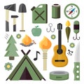 camping, survival in the forest, isolated items. tent, guitar, compass, knife, gasoline, fire, canned food, axe, hammer