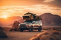 Camping SUV car with tent on the roof in mountains on sunset. Adventure, tourism and vacation. Generative AI.