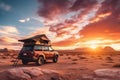 Camping SUV car with tent on the roof in mountains on sunset. Adventure, tourism and vacation. Generative AI.