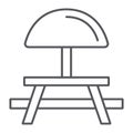 Camping table thin line icon, furniture and travel, picnic table sign, vector graphics, a linear pattern on a white