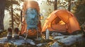 Camping. Tent and Backpack next to boots and Vacuum Bottle. Oneness with nature Royalty Free Stock Photo