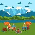 Camping tent banner with flat tourist, outdoor party vector illustration. Campfire on shore, mountain, river. Design