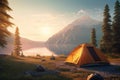 Camping Tent with Beautiful Lake Mountain Landscape View Relaxing Holiday Travel Adventure at Morning