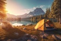 Camping Tent with Beautiful Lake Mountains Landscape View Relaxing Holiday Adventure at Morning