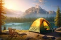 Camping Tent with Beautiful Lake Mountains Landscape View Relaxing Holiday Travel Adventure at Morning