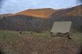 Camping tent in the Blue Ridge Mountains in Asheville, North Carolina. Outdoor lifestyle with axe, cast iron skillet, flannel blan Royalty Free Stock Photo