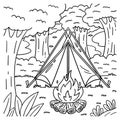 Camping Tent and Bonfire Coloring Page for Kids Royalty Free Stock Photo