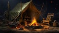 Camping tent and bonfire in forest at night, campfire in dark woods in summer. Fire burns near vintage cabin and expedition Royalty Free Stock Photo
