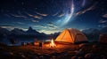 camping tent with bonfire, wide landscape, stars on sky