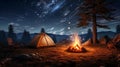 camping tent with bonfire, wide landscape, stars on sky