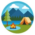 Camping tent and campfire in the woods on the shore of the lake Royalty Free Stock Photo