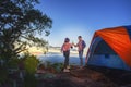 Camping tent,Tourist tent in forest camp among meadow on cliff Royalty Free Stock Photo