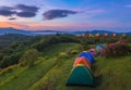 Camping tent in campground at national park with sunrise Royalty Free Stock Photo