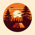 Camping tent in dark forest at night, AI generative flat illustration in orange, white and black