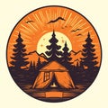 Camping tent in dark forest at night, AI generative flat illustration in orange, white and black