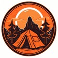 Camping tent in dark forest at night, AI generative flat illustration in orange, white and black