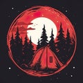 Camping tent in dark forest at night, AI generative flat red black illustration
