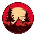 Camping tent in dark forest at night, AI generative flat red black illustration