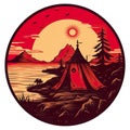 Camping tent in dark forest at night, AI generative flat red black illustration