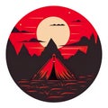 Camping tent in dark forest at night, AI generative flat red black illustration