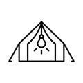 Camping tent with electricity. Line art icon of glamping. Black simple illustration of rest at nature with amenities. Contour