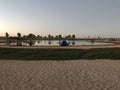 Camping tent beside expo 2020 lake. Camping tent with lake background. Having a rest on lake shore at tourist tent on quiet water