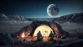 Camping with a tent in the forest, gatherings by the fire at night against the backdrop of a big moon Royalty Free Stock Photo