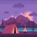 Camping tent in forest at the river color vector illustration